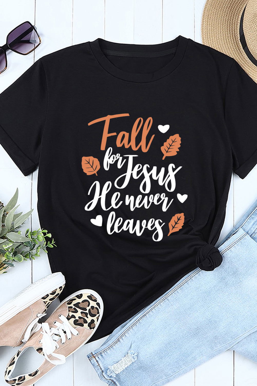 Fall for Jesus He Never Leaves Black Graphic Women's T Shirt - ClaimedbyGodDesigns