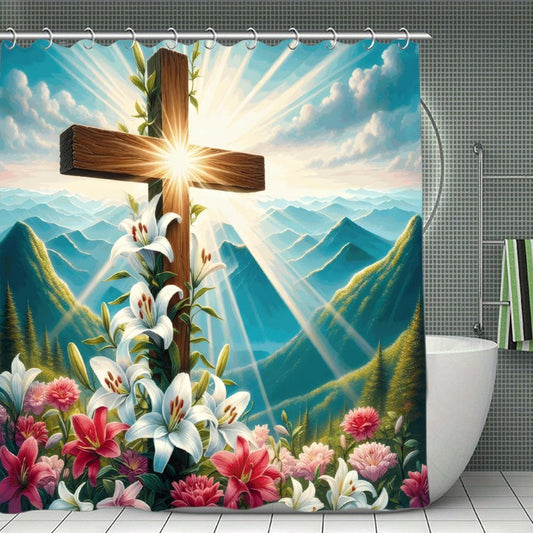 Flowered Cross Christian Waterproof Shower Curtain - ClaimedbyGodDesigns