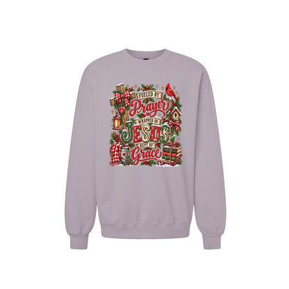 Fueled By Prayer Wrapped In Jesus Kept By Grace Unisex Christian Christmas Pullover Sweatshirt - ClaimedbyGodDesigns