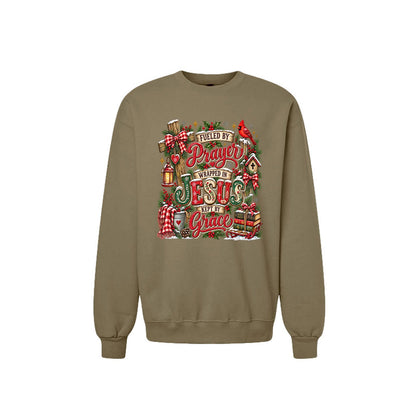 Fueled By Prayer Wrapped In Jesus Kept By Grace Unisex Christian Christmas Pullover Sweatshirt - ClaimedbyGodDesigns