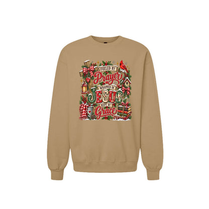 Fueled By Prayer Wrapped In Jesus Kept By Grace Unisex Christian Christmas Pullover Sweatshirt - ClaimedbyGodDesigns