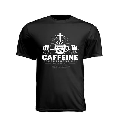 Fueled by Faith Caffeine Unisex Christian Gym T-Shirt | Philippians 4:13 - Claimed by God Designs
