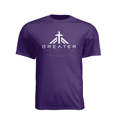GREATER Faith Fuels Further Unisex Christian Gym T-Shirt | Philippians 4:13 - Claimed by God Designs