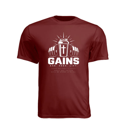 Gains Ask Seek Lift Unisex Christian Gym T-Shirt | Matthew 7:7 - Claimed by God Designs