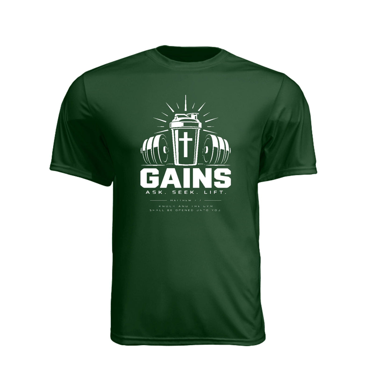 Gains Ask Seek Lift Unisex Christian Gym T-Shirt | Matthew 7:7 - Claimed by God Designs