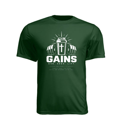 Gains Ask Seek Lift Unisex Christian Gym T-Shirt | Matthew 7:7 - Claimed by God Designs