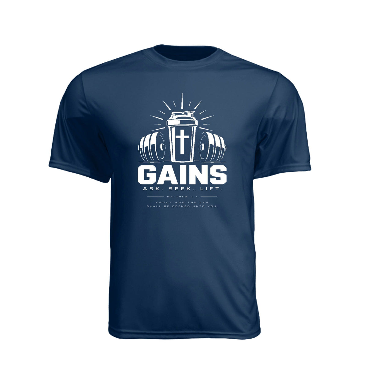 Gains Ask Seek Lift Unisex Christian Gym T-Shirt | Matthew 7:7 - Claimed by God Designs