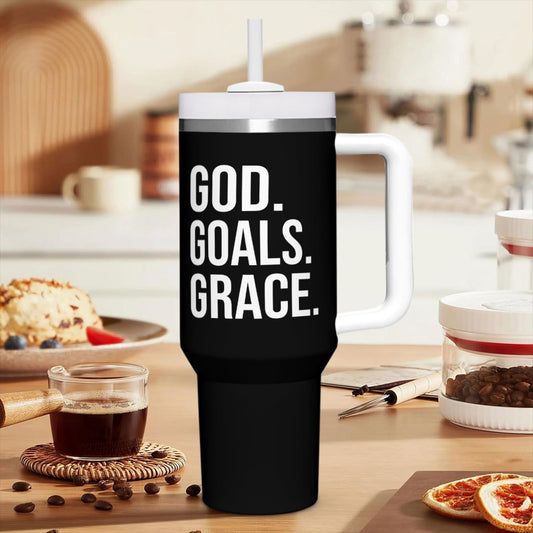 Goals Grace Stainless Steel Tumbler with Handle - 40oz Inspirational Drinkware - ClaimedbyGodDesigns