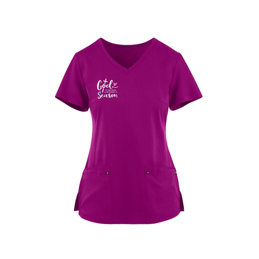 God Is Faithful In Every Season Premium Women's Christian 2-Pocket Juliet Stylish V-Neck Medical Scrub Top - ClaimedbyGodDesigns