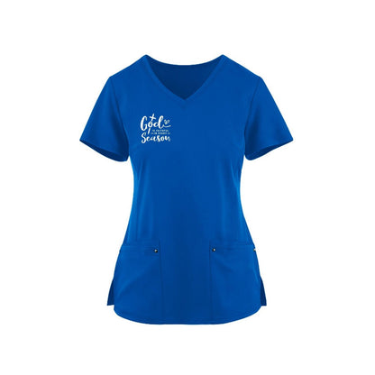 God Is Faithful In Every Season Premium Women's Christian 2-Pocket Juliet Stylish V-Neck Medical Scrub Top - ClaimedbyGodDesigns