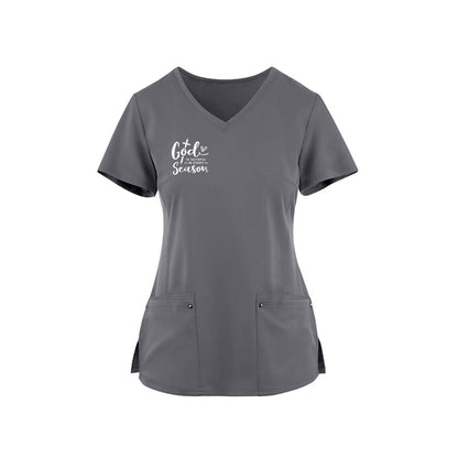 God Is Faithful In Every Season Premium Women's Christian 2-Pocket Juliet Stylish V-Neck Medical Scrub Top - ClaimedbyGodDesigns