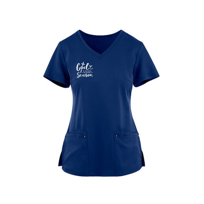 God Is Faithful In Every Season Premium Women's Christian 2-Pocket Juliet Stylish V-Neck Medical Scrub Top - ClaimedbyGodDesigns