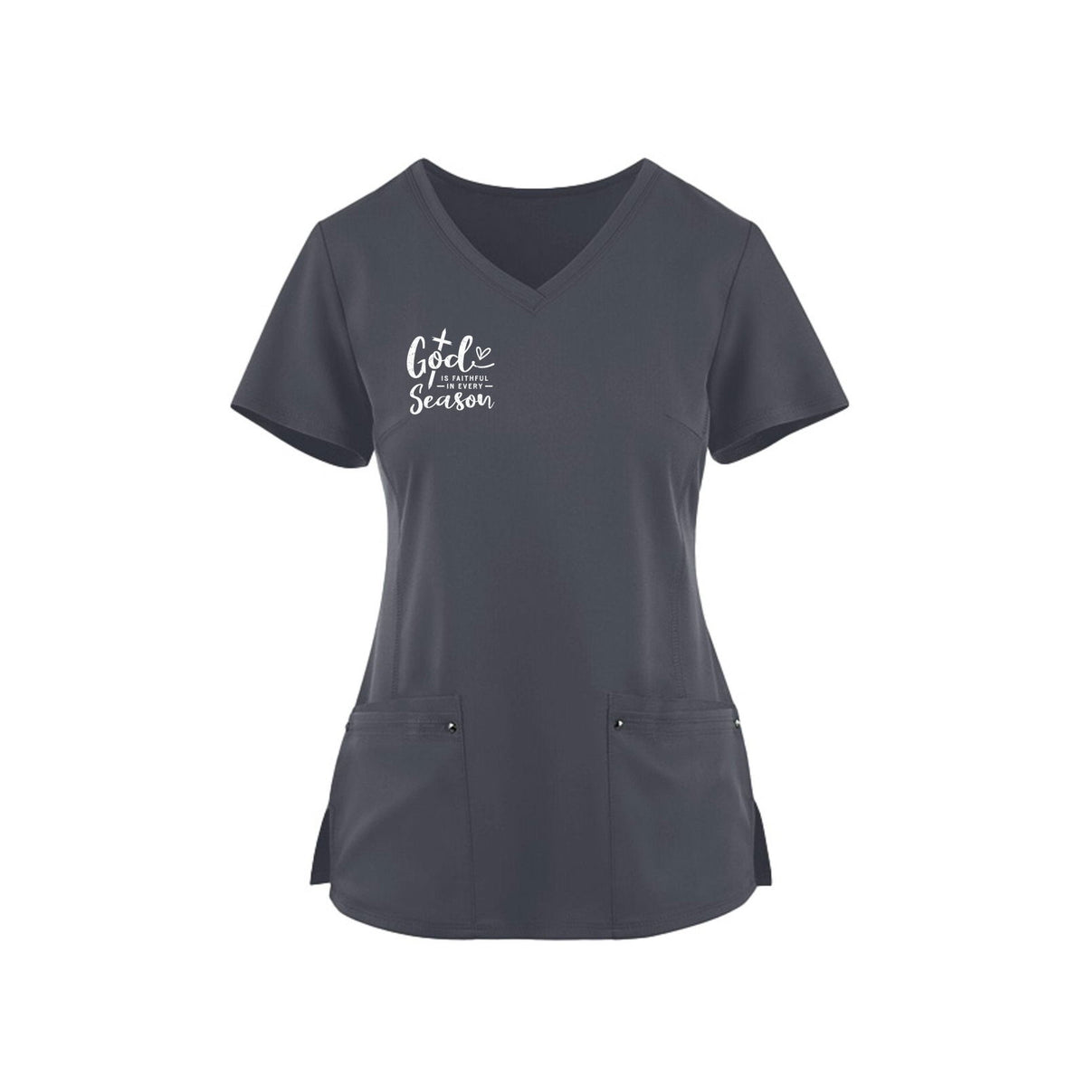 God Is Faithful In Every Season Premium Women's Christian 2-Pocket Juliet Stylish V-Neck Medical Scrub Top - ClaimedbyGodDesigns