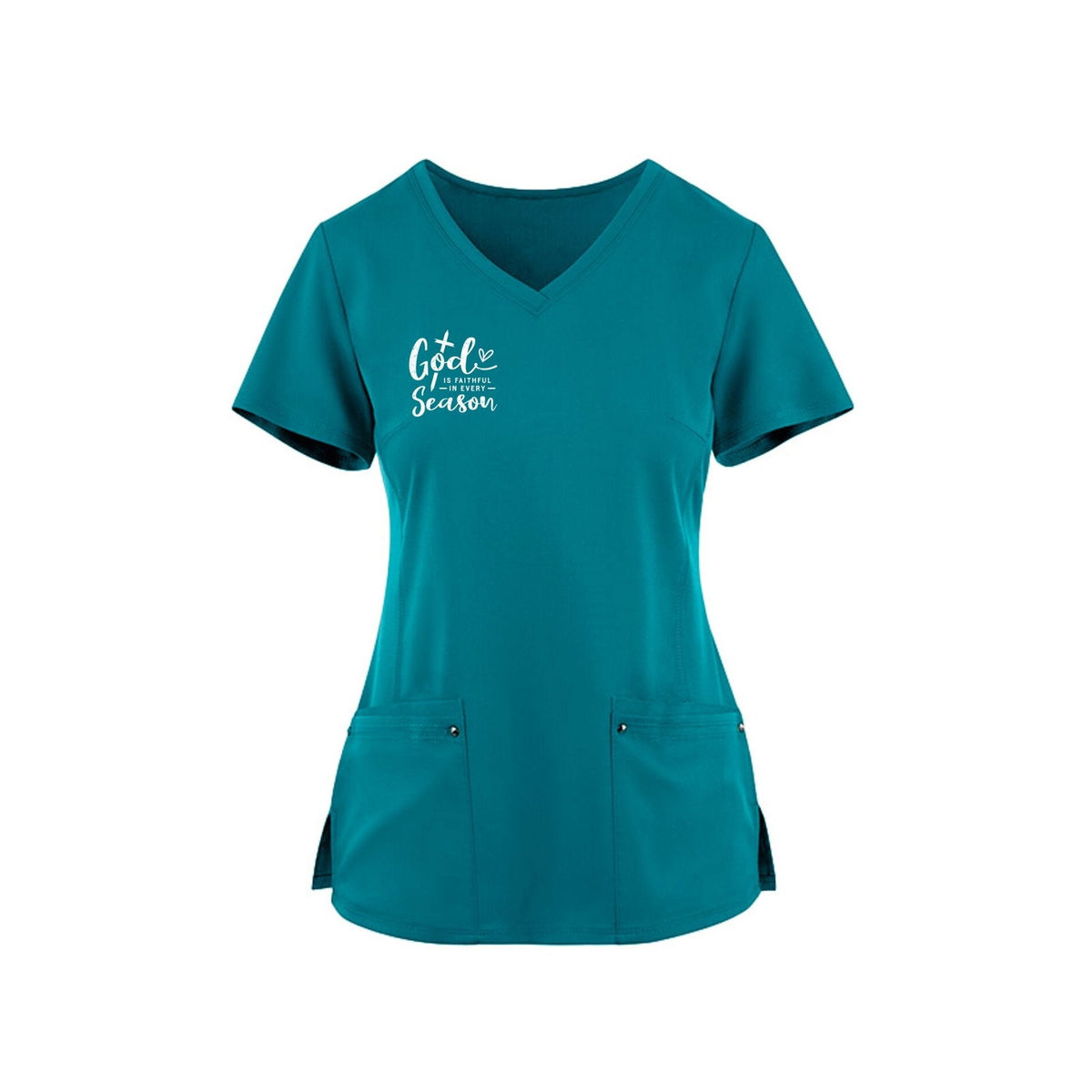 God Is Faithful In Every Season Premium Women's Christian 2-Pocket Juliet Stylish V-Neck Medical Scrub Top - ClaimedbyGodDesigns