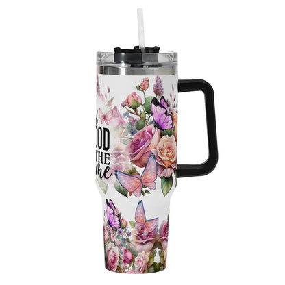 God Is Good All The Time 40oz Stainless Steel Christian Tumbler Gift With Black Handle and Straw - ClaimedbyGodDesigns