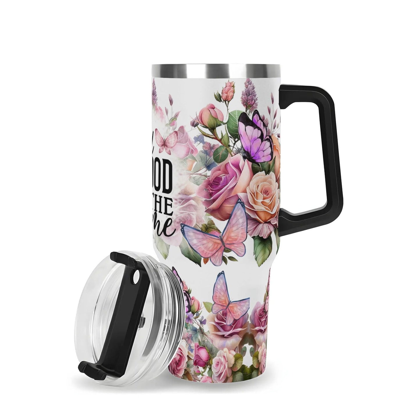 God Is Good All The Time 40oz Stainless Steel Christian Tumbler Gift With Black Handle and Straw - ClaimedbyGodDesigns