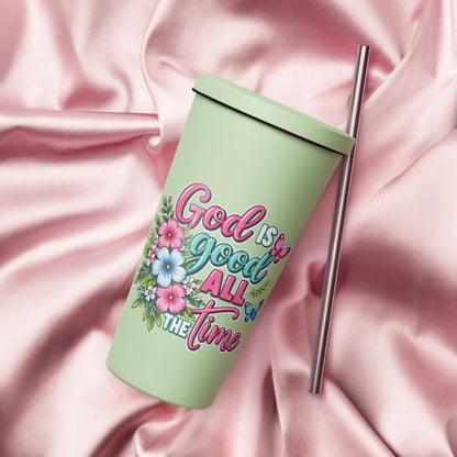 God Is Good All The Time Christian Insulated 20oz Tumbler with a straw - ClaimedbyGodDesigns