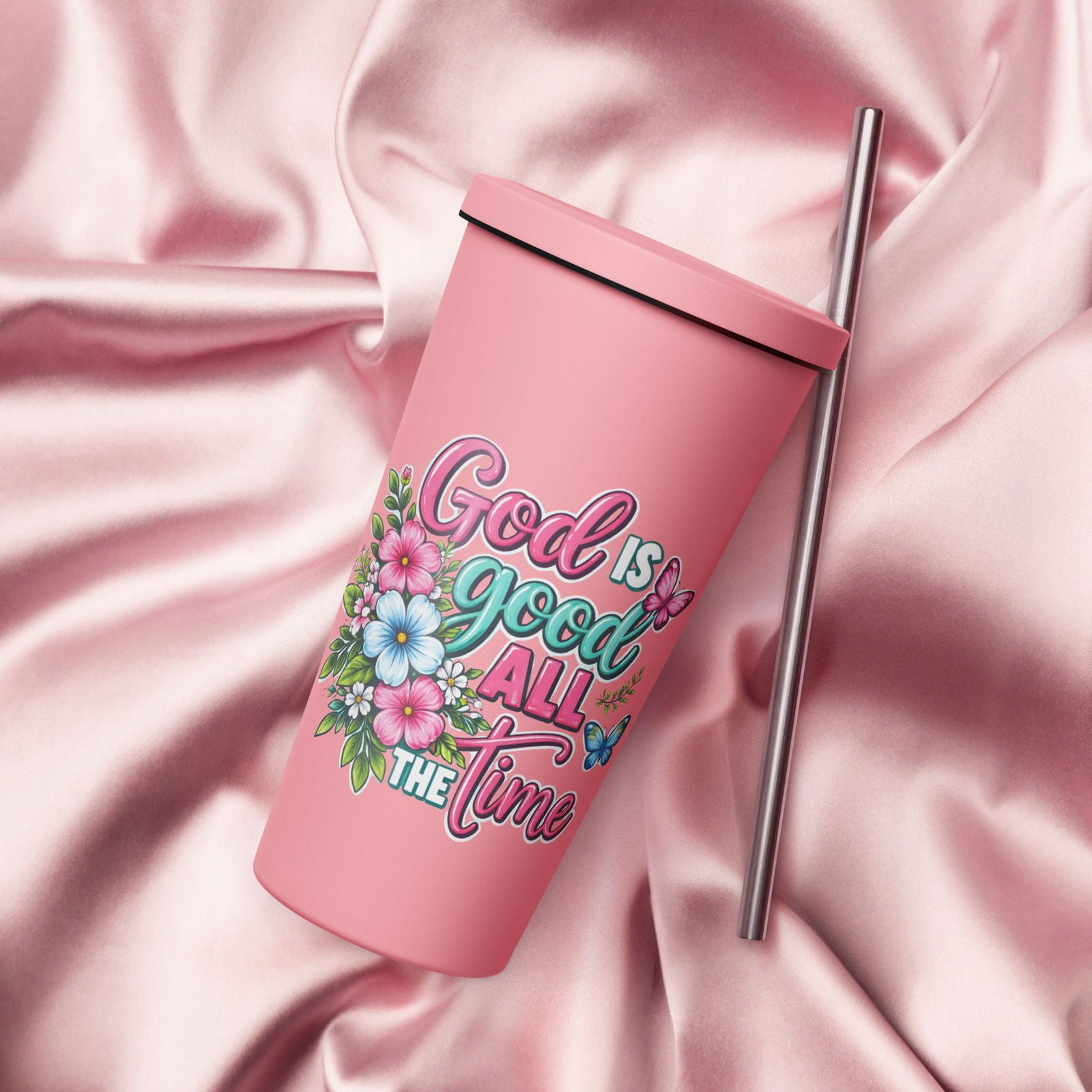 God Is Good All The Time Christian Insulated 20oz Tumbler with a straw - ClaimedbyGodDesigns