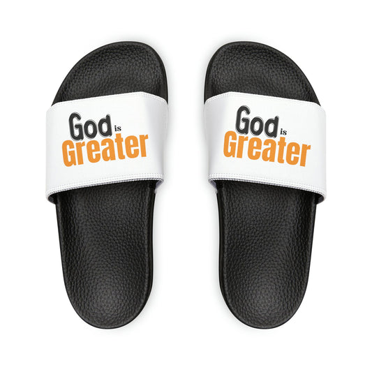 God Is Greater Men's PU Christian Slide Sandals - ClaimedbyGodDesigns