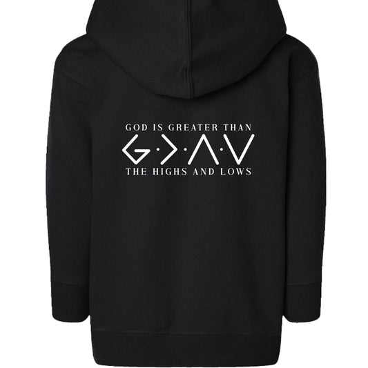 God Is Greater Toddler Christian Full-Zip Hooded Sweatshirt - ClaimedbyGodDesigns