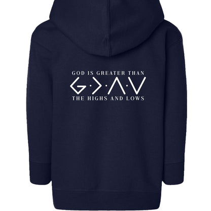 God Is Greater Toddler Christian Full-Zip Hooded Sweatshirt - ClaimedbyGodDesigns