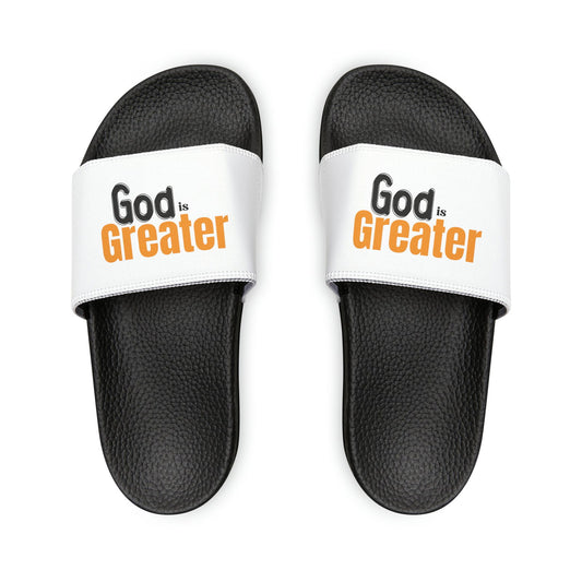 God Is Greater Youth PU Christian Slide Sandals - ClaimedbyGodDesigns