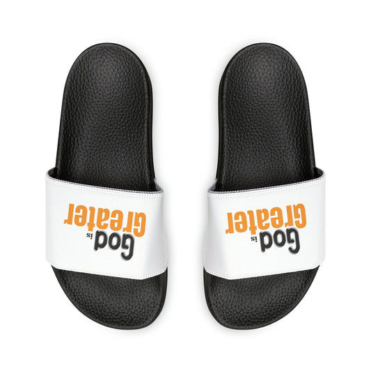 God Is Greater Youth PU Christian Slide Sandals - ClaimedbyGodDesigns