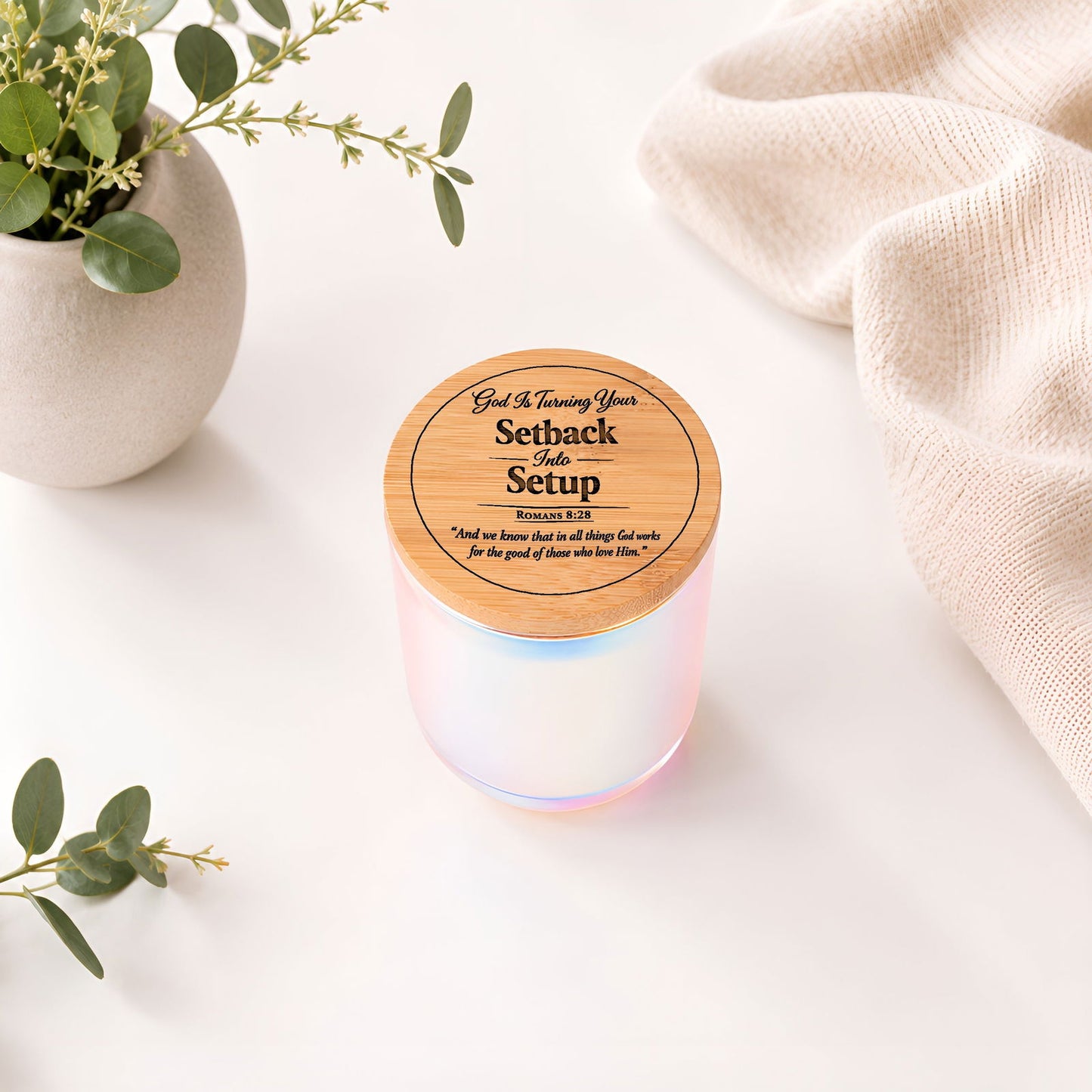 God Is Turning Your Setback Into Setup Luxury 14oz Christian Candle with Engraved Bamboo Lid - ClaimedbyGodDesigns