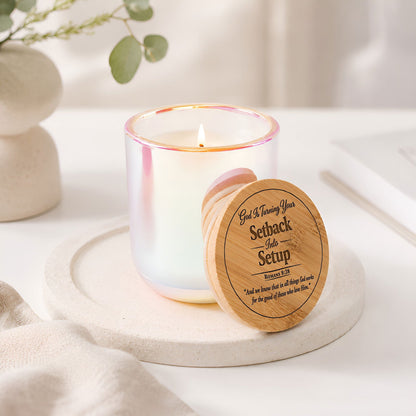God Is Turning Your Setback Into Setup Luxury 14oz Christian Candle with Engraved Bamboo Lid - ClaimedbyGodDesigns