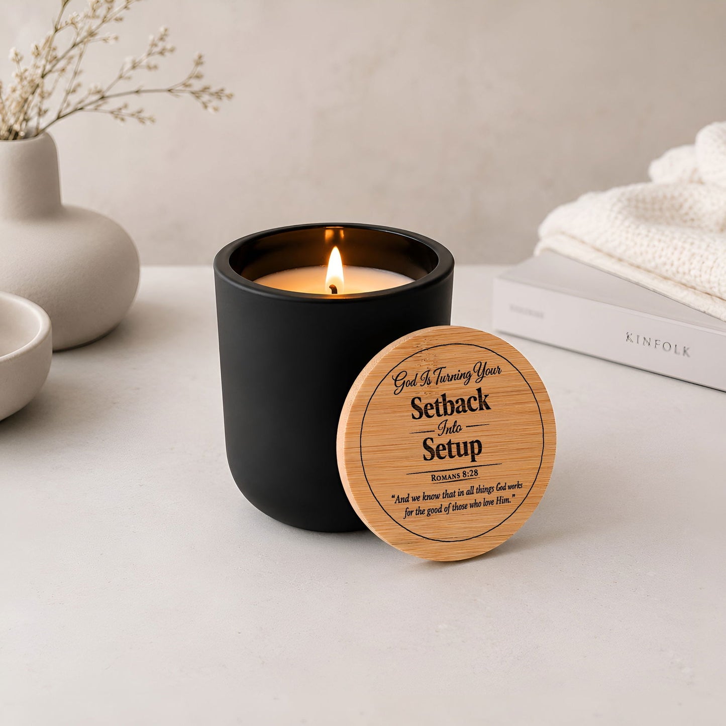 God Is Turning Your Setback Into Setup Luxury 14oz Christian Candle with Engraved Bamboo Lid - ClaimedbyGodDesigns