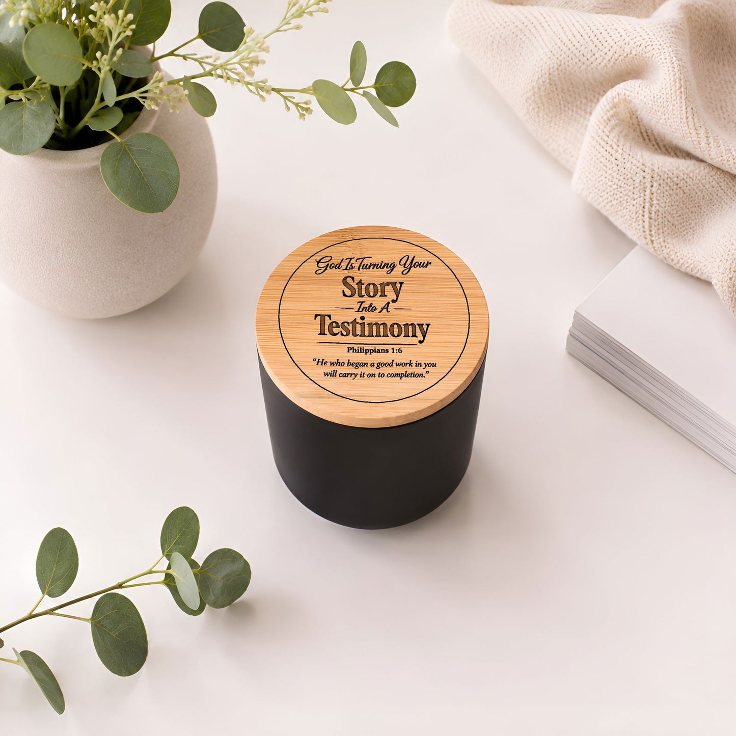 God Is Turning Your Story Into A Testimony Luxury 14oz Christian Candle with Engraved Bamboo Lid - ClaimedbyGodDesigns