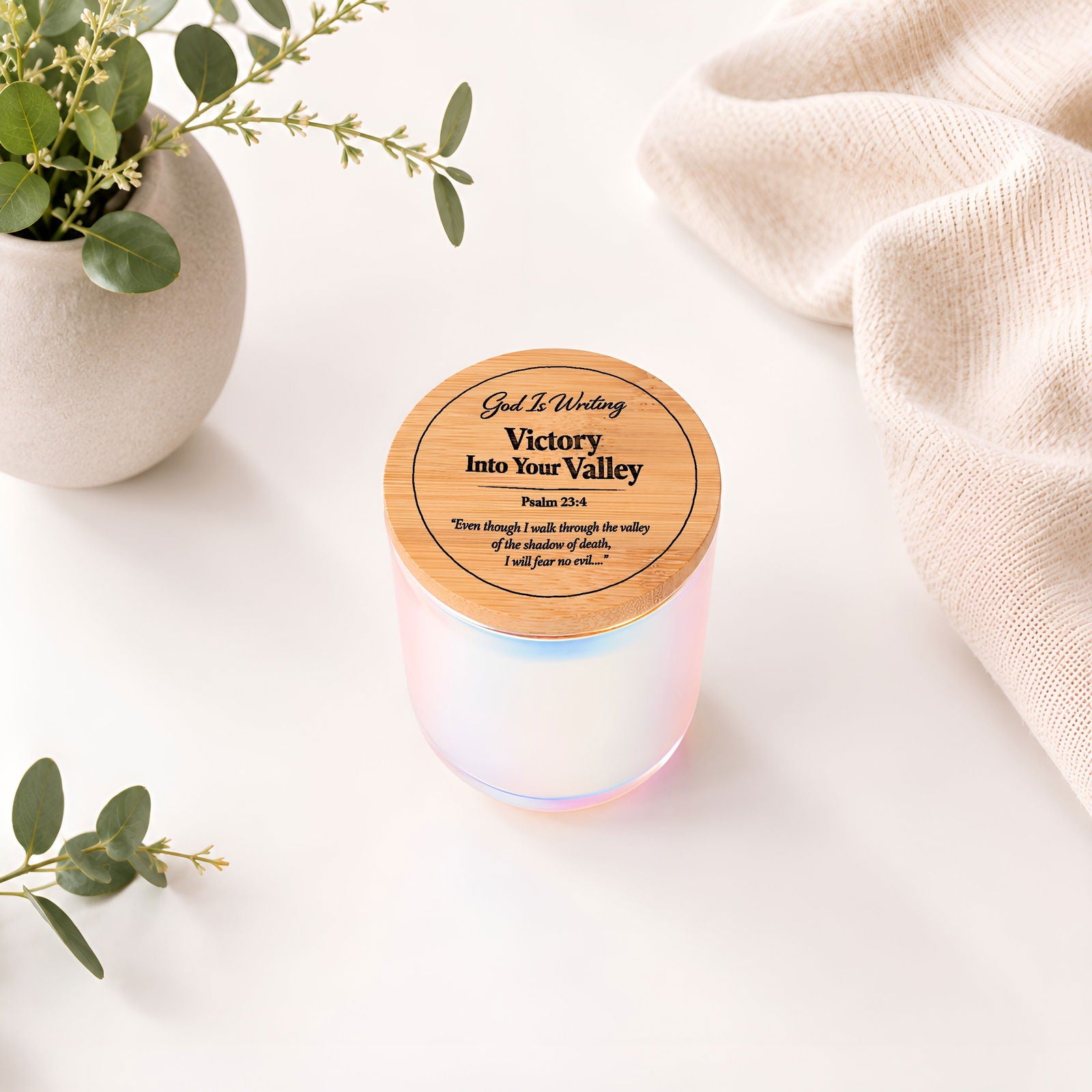 God Is Writing Victory Into Your Valley Luxury 14oz Christian Candle with Engraved Bamboo Lid - ClaimedbyGodDesigns