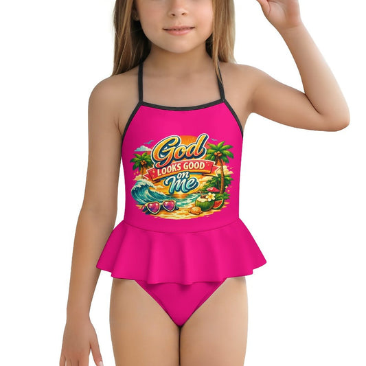 God Looks God On Me Kids One Piece Ruffle Strap Christian Swimsuit - ClaimedbyGodDesigns