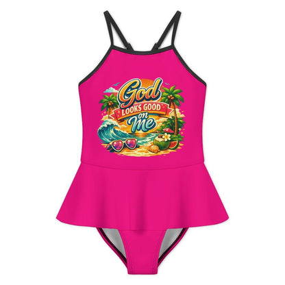 God Looks God On Me Kids One Piece Ruffle Strap Christian Swimsuit - ClaimedbyGodDesigns