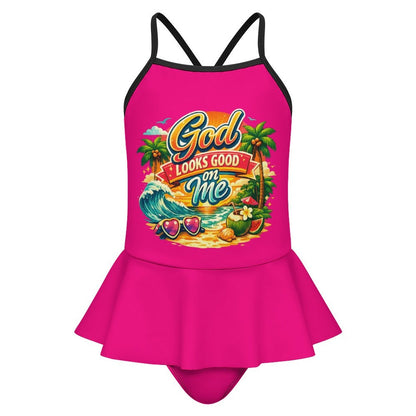 God Looks God On Me Kids One Piece Ruffle Strap Christian Swimsuit - ClaimedbyGodDesigns