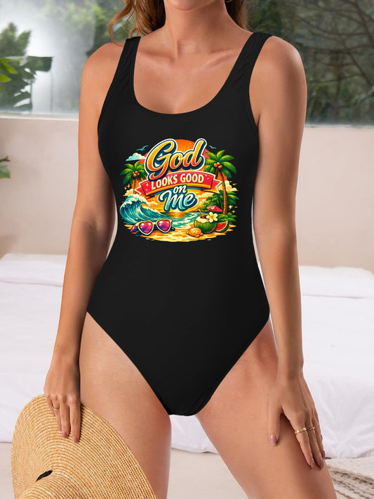 God Looks Good On Me  Athletic Strap One-Piece Christian Swimsuit for Women - ClaimedbyGodDesigns