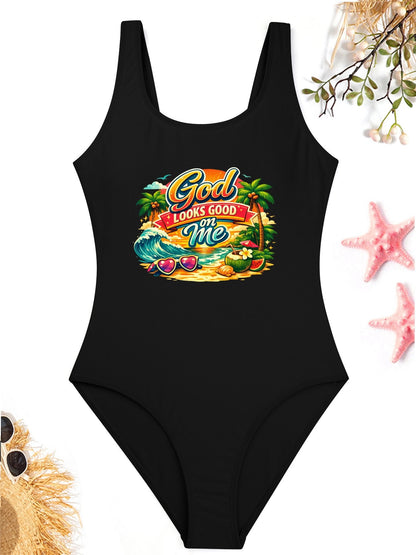 God Looks Good On Me  Athletic Strap One-Piece Christian Swimsuit for Women - ClaimedbyGodDesigns