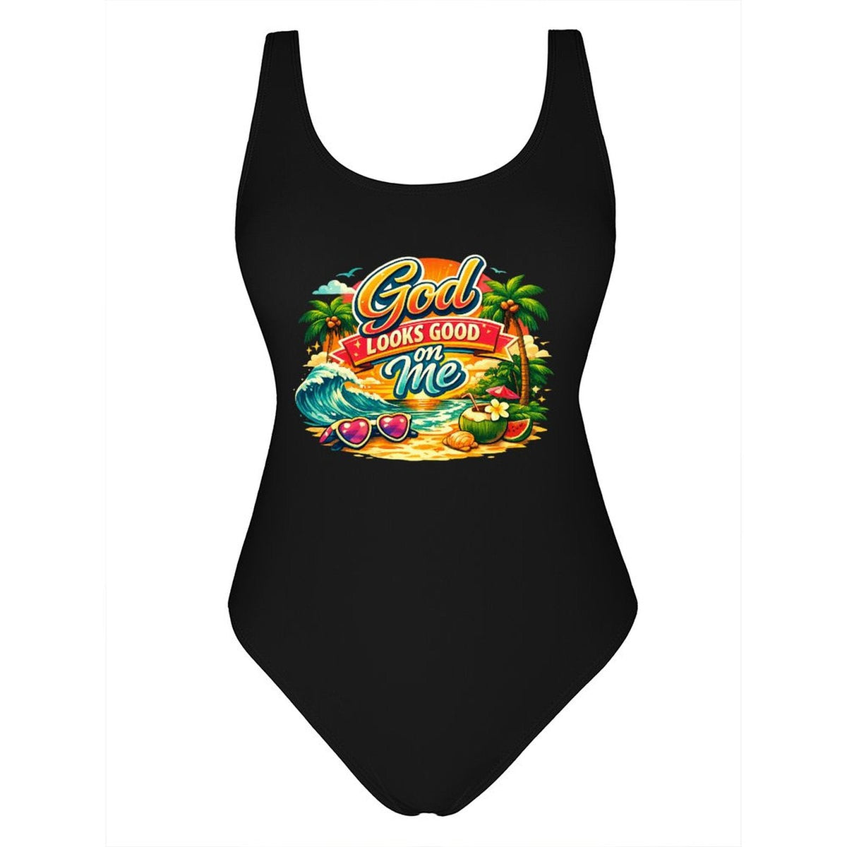 God Looks Good On Me  Athletic Strap One-Piece Christian Swimsuit for Women - ClaimedbyGodDesigns