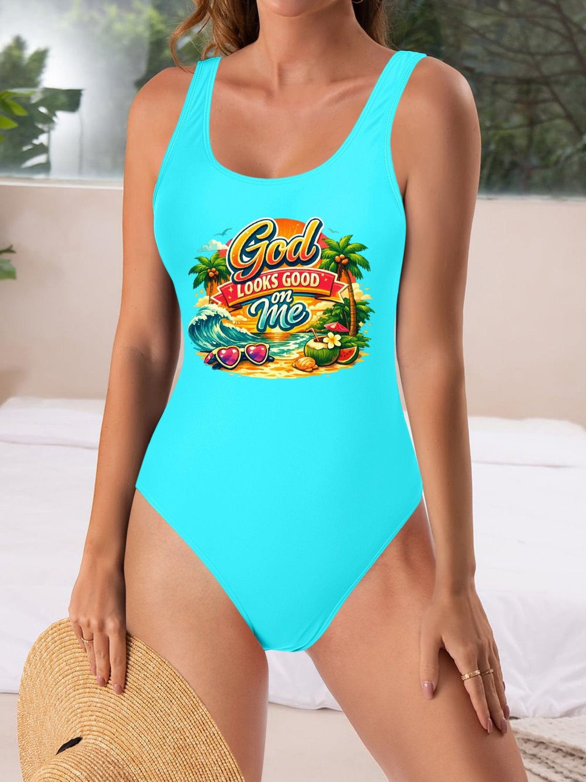God Looks Good On Me  Athletic Strap One-Piece Christian Swimsuit for Women - ClaimedbyGodDesigns
