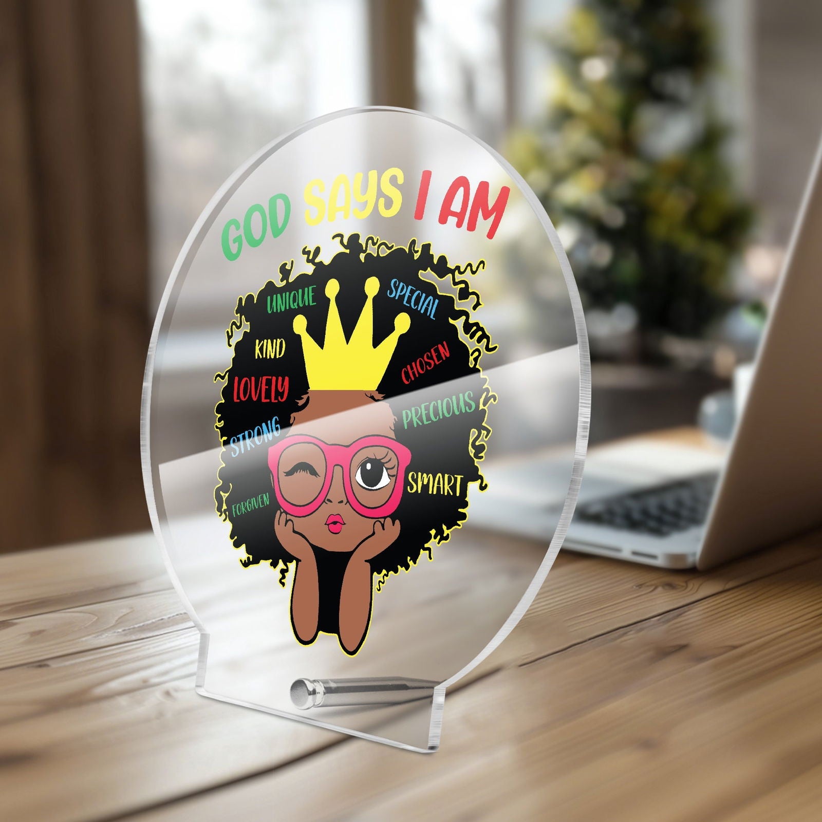 God Says I Am Afro Princess Christian Acrylic Plaque with Stand - Round - ClaimedbyGodDesigns