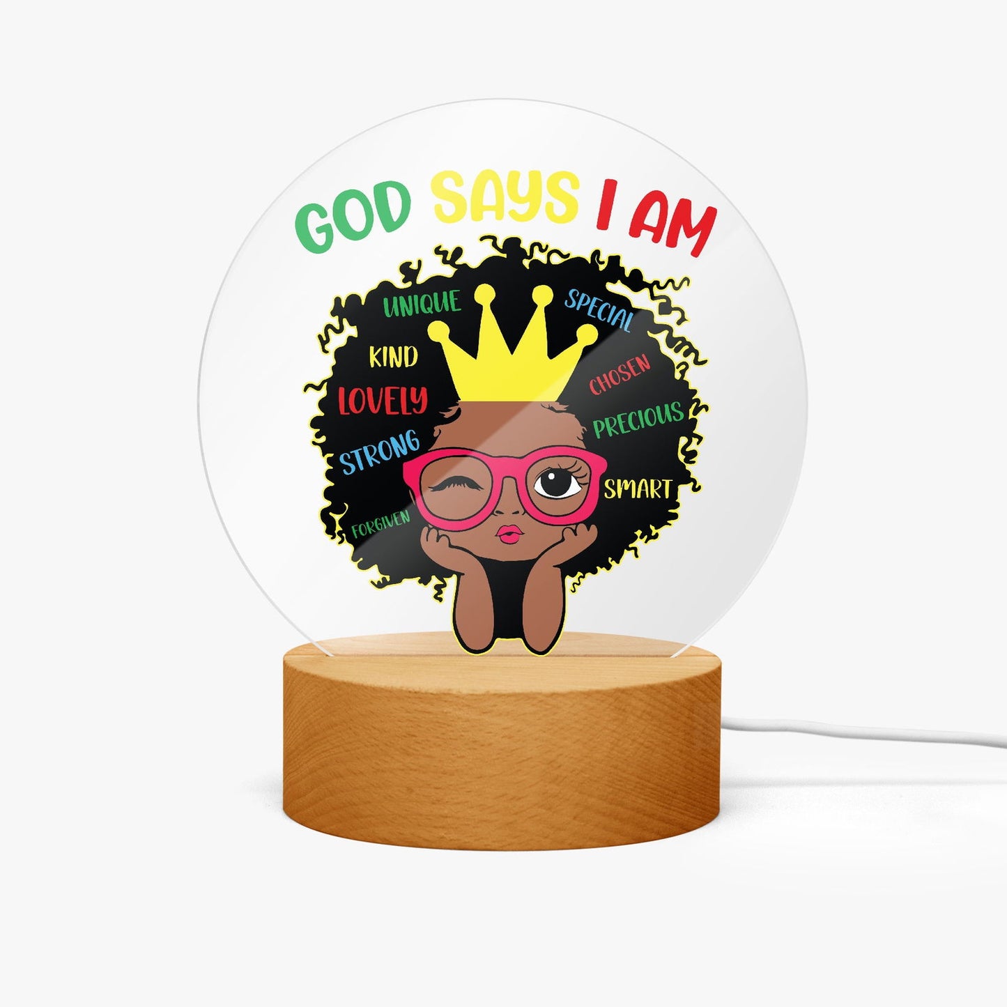 God Says I Am Afro Princess Christian Acrylic Plaque with Stand - Round - ClaimedbyGodDesigns