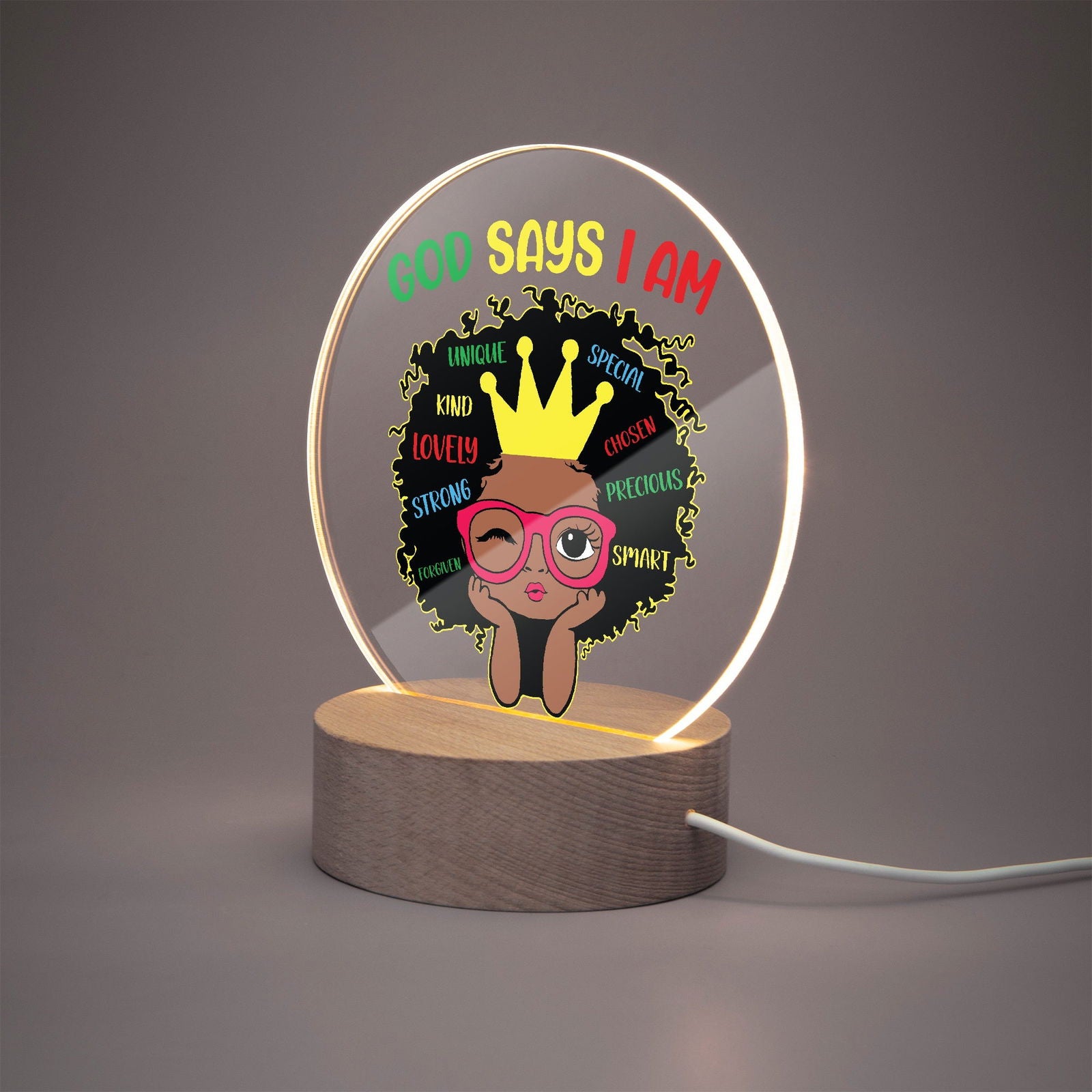 God Says I Am Afro Princess Christian Acrylic Plaque with Stand - Round - ClaimedbyGodDesigns