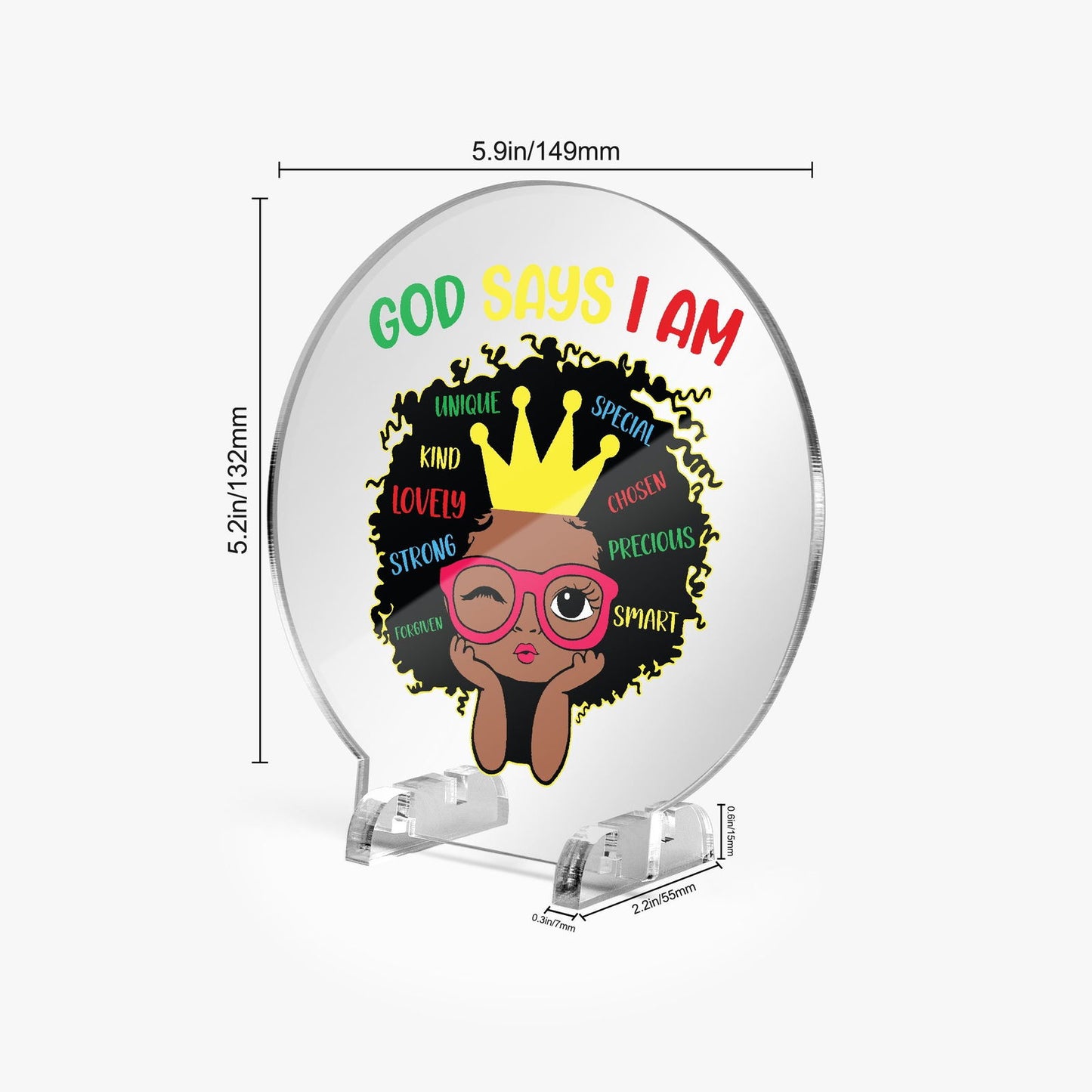God Says I Am Afro Princess Christian Acrylic Plaque with Stand - Round - ClaimedbyGodDesigns