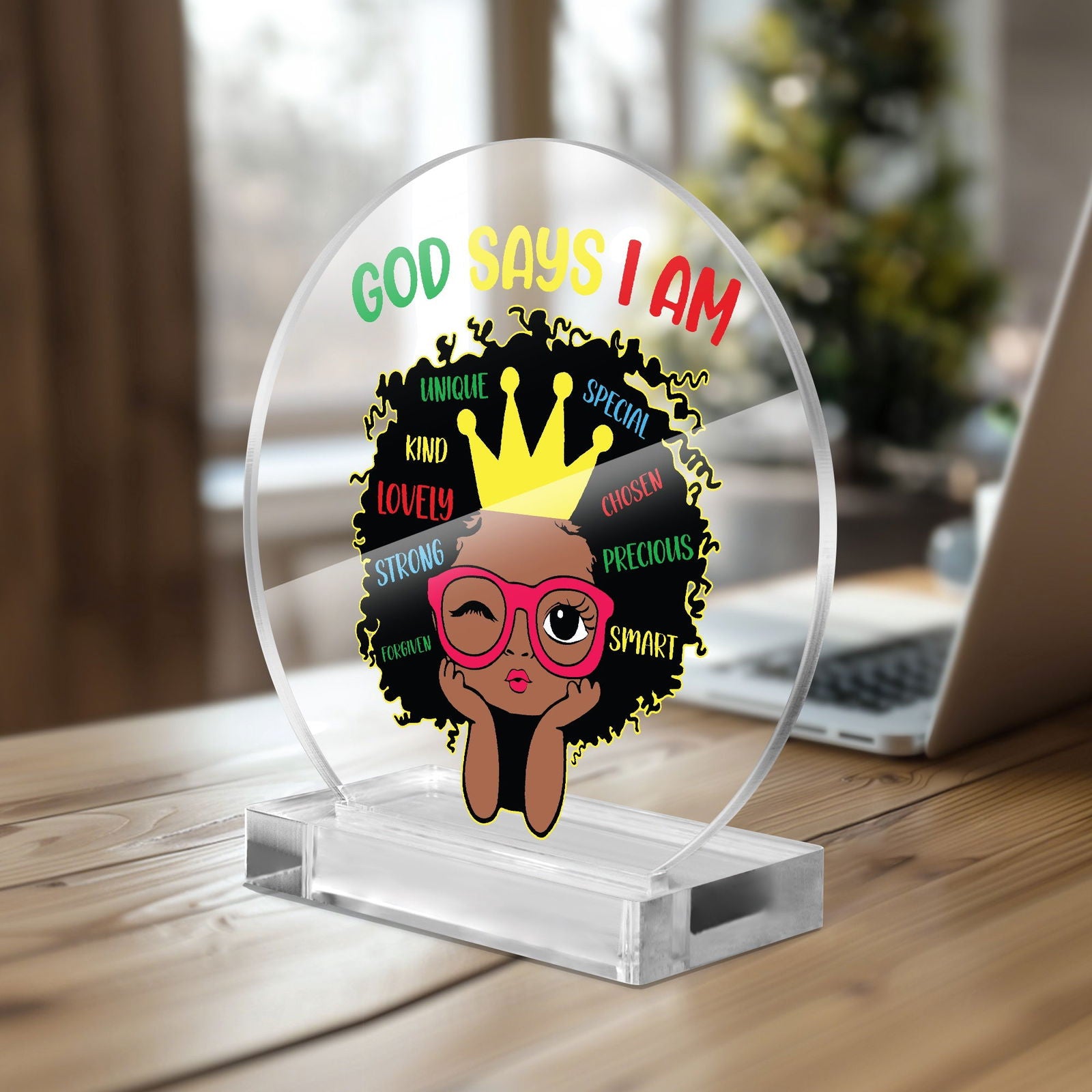God Says I Am Afro Princess Christian Acrylic Plaque with Stand - Round - ClaimedbyGodDesigns