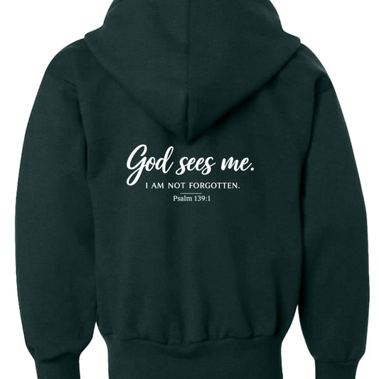 God Sees Me Youth Christian Full-zip Hooded Sweatshirt - ClaimedbyGodDesigns