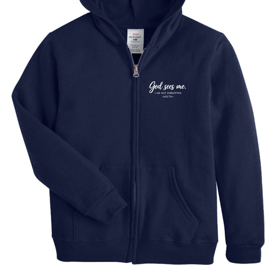 God Sees Me Youth Christian Full-zip Hooded Sweatshirt - ClaimedbyGodDesigns