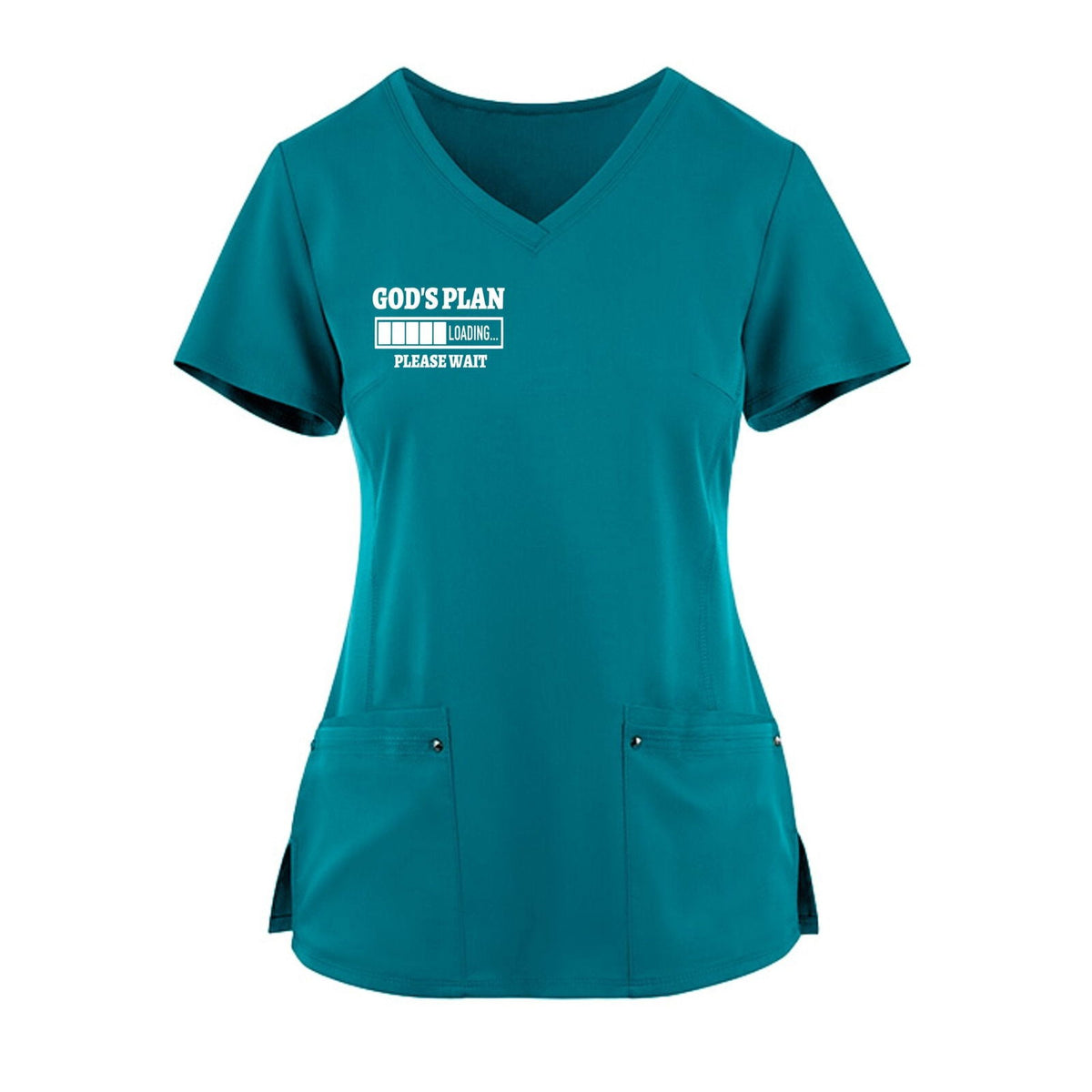 God's Plan Loading Premium Women’s Christian 2‑Pocket Juliet Stylish V‑Neck Medical Scrub Top - ClaimedbyGodDesigns