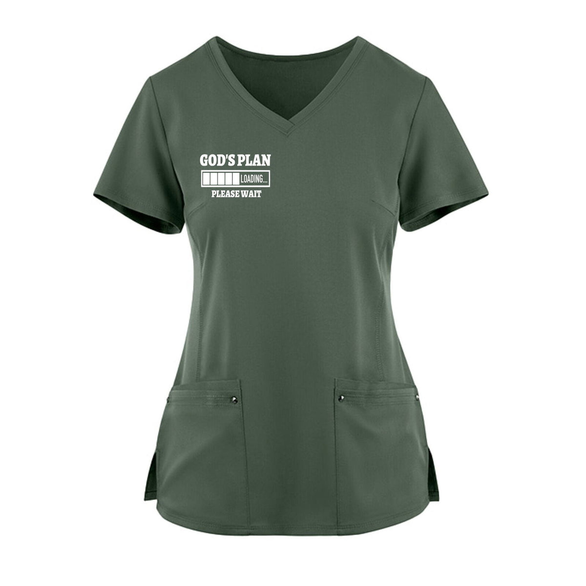 God's Plan Loading Premium Women’s Christian 2‑Pocket Juliet Stylish V‑Neck Medical Scrub Top - ClaimedbyGodDesigns