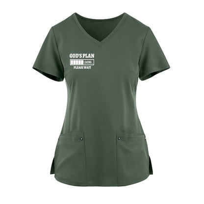 God's Plan Loading Premium Women’s Christian 2‑Pocket Juliet Stylish V‑Neck Medical Scrub Top - ClaimedbyGodDesigns
