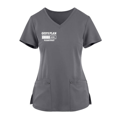 God's Plan Loading Premium Women’s Christian 2‑Pocket Juliet Stylish V‑Neck Medical Scrub Top - ClaimedbyGodDesigns
